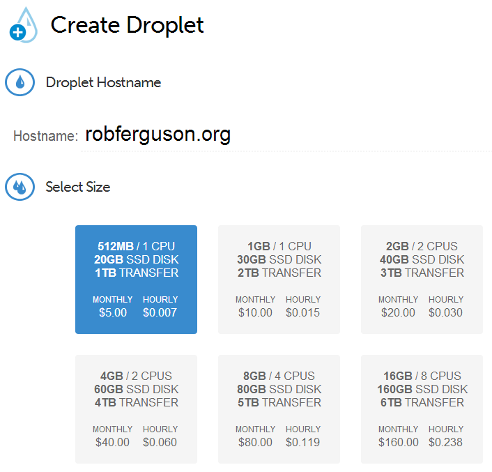 droplet hostname and size