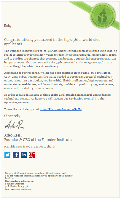 Founder Institute - Acceptance Letter