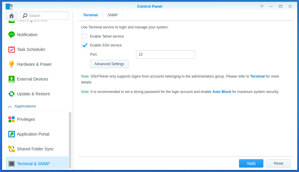Enable SSH, SCP/SFTP and configure a static IP address on your Synology NAS